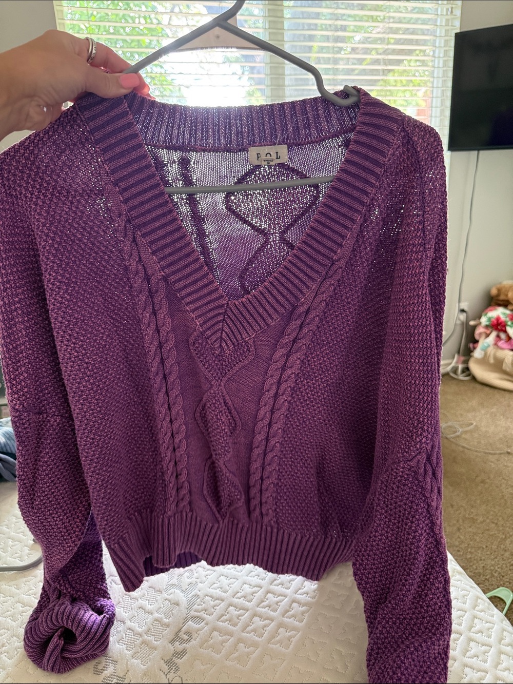 Purple Cable Knit V-Neck Sweater - Women's